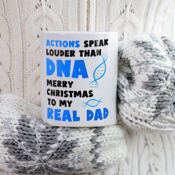 Unique Christmas Mug for Dad Actions Speak Louder Than DNA White Ceramic 11oz - Picture 3 of 4